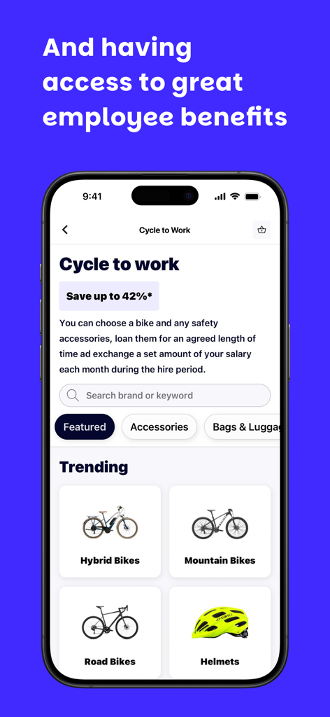 Perkbox - Perkboxアプリ画面。自転車や関連用品の割引が表示される、サイクル・トゥ・ワーク（通勤自転車利用）の従業員特典プログラムが表示されます。