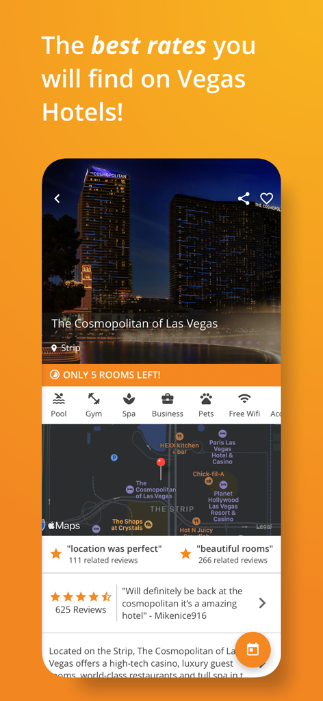 Vegas.com - Vegas.com 앱 인터페이스에 라스베이거스 코스모폴리탄 호텔 요금 및 리뷰 표시