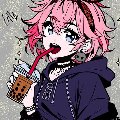 hot baddie anime girl drinking boba and biting the straw