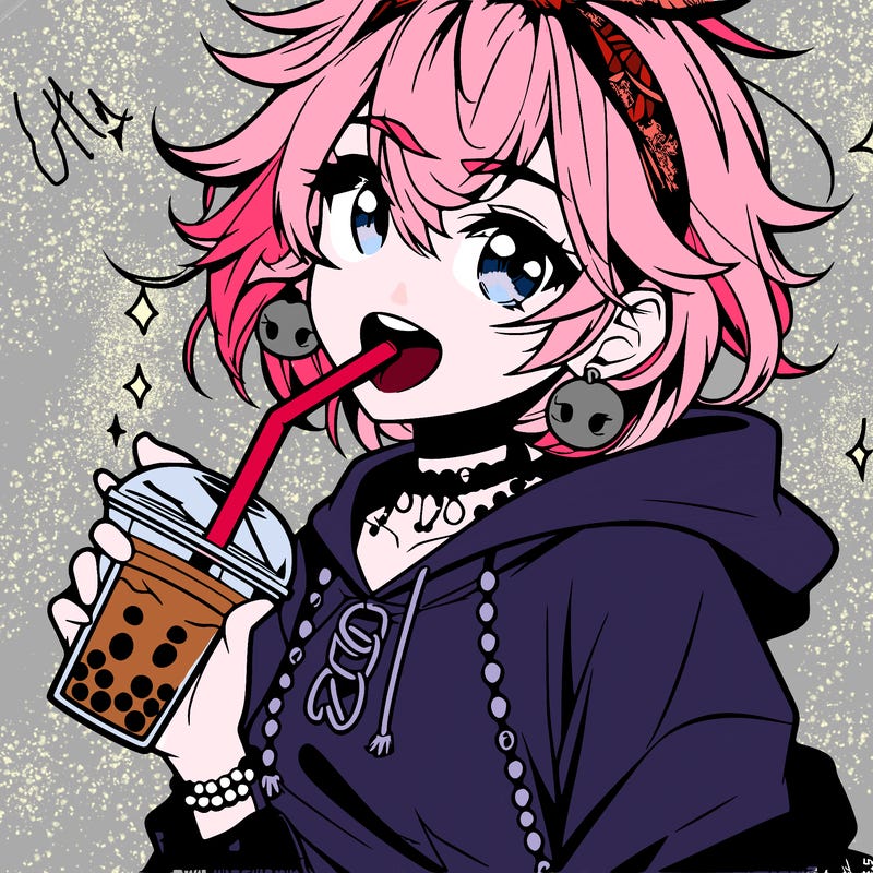 hot baddie anime girl drinking boba and biting the straw