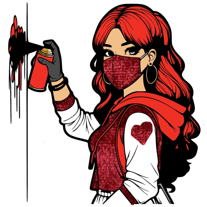 realistic girl with mask spray painting a wall