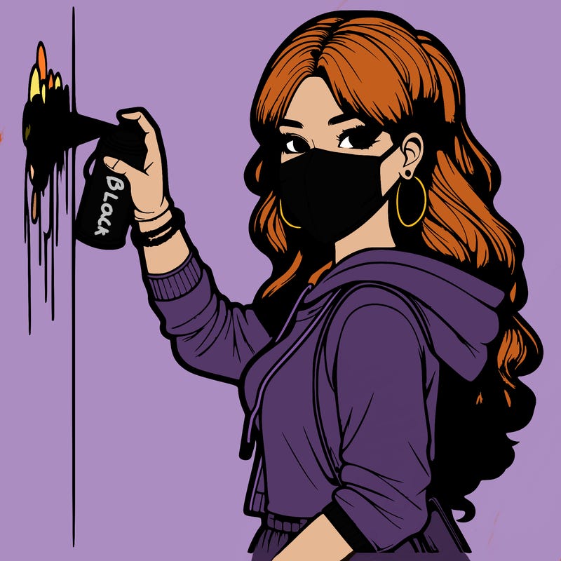 realistic girl with mask spray painting a wall