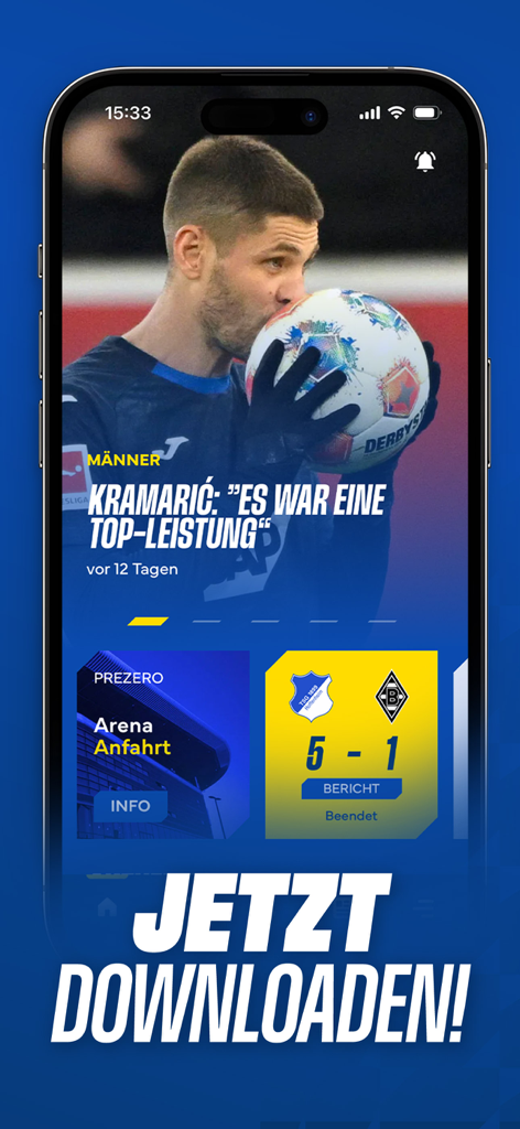 TSG 1899 Hoffenheim - 뉴스 하이라이트와 경기 결과가 표시되는 공식 TSG 1899 호펜하임 앱의 홈 화면