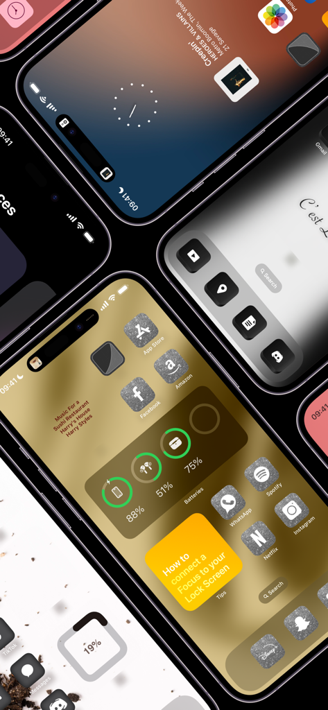 Multiple iPhones showcasing customized minimalist home screen layouts with transparent widgets and themed icons