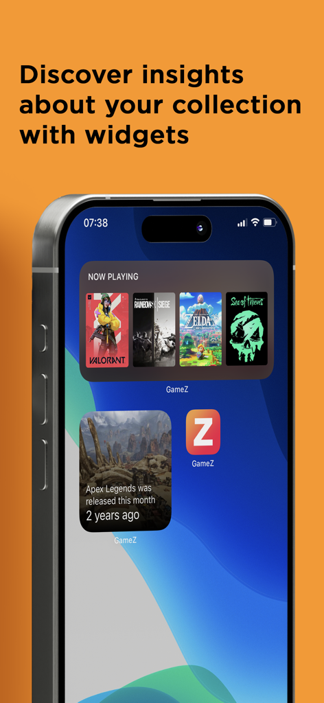 GameZ Collection - GameZ Collection App Widgets auf dem iPhone-Startbildschirm, die aktuell gespielte Spiele und Gaming-Einblicke anzeigen