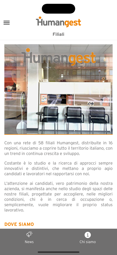 Humangest - Humangest app screen showing a physical office branch and information about their network of branches in Italy.