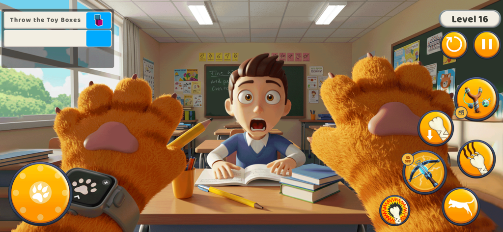Kitty Punch : Cat Simulator - First person view of giant cat paws surprising a shocked student in a classroom setting