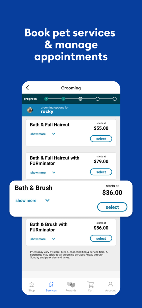 PetSmart - PetSmart mobile app screen for booking pet grooming services including bath and haircut options with pricing