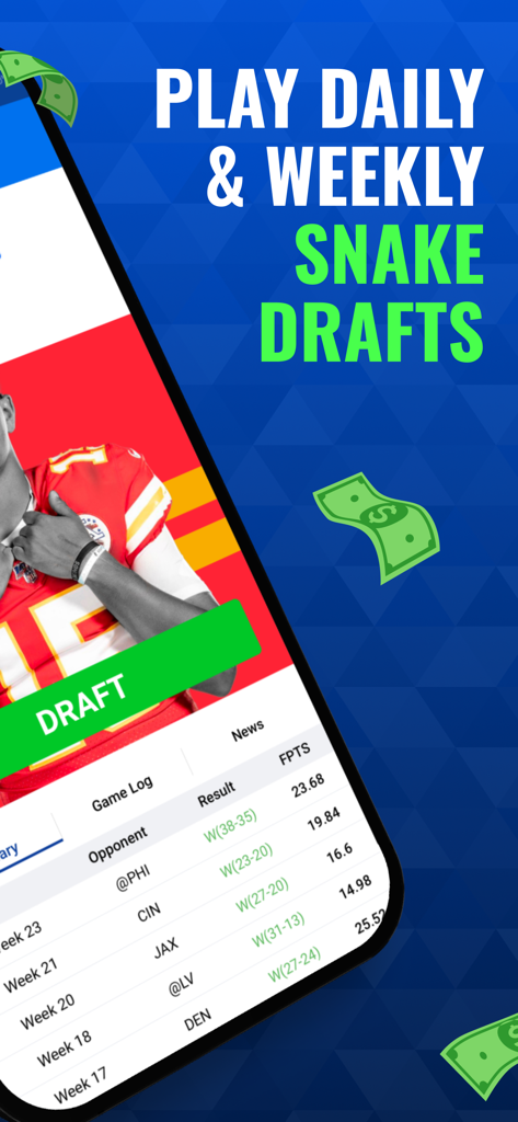Drafters Fantasy Sports - Drafters app interface showing daily and weekly snake draft promotions and player game logs