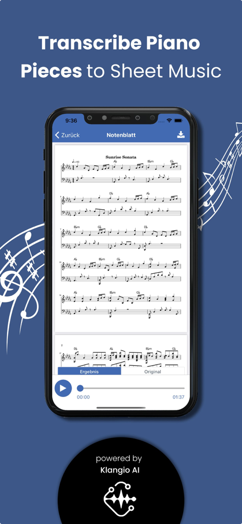 Piano2Notes app showing a piano score transcribed into sheet music