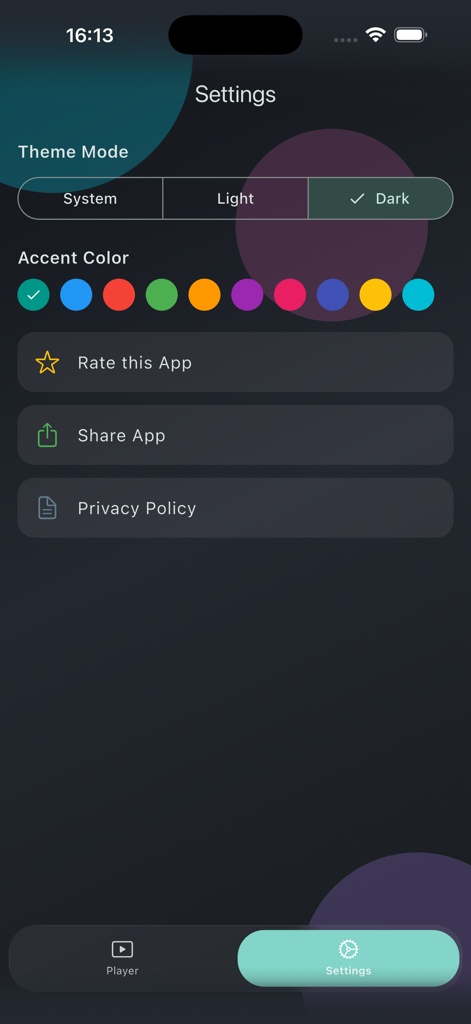 Settings screen of the Burmese TV-BStream app displaying theme mode and color customization options