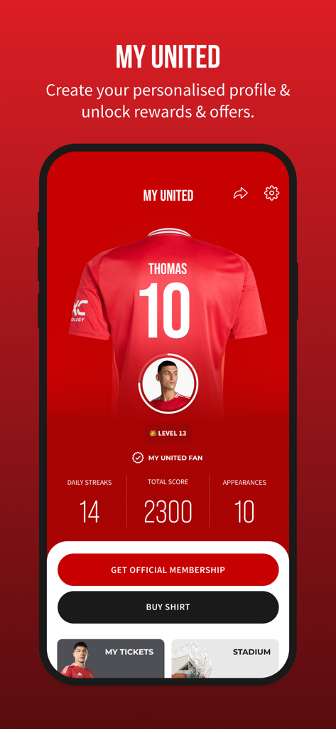 Manchester United app user profile showing fan rewards and personalized jersey