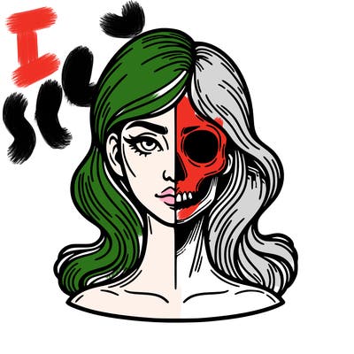 bust of a woman, half face and hair, half skull