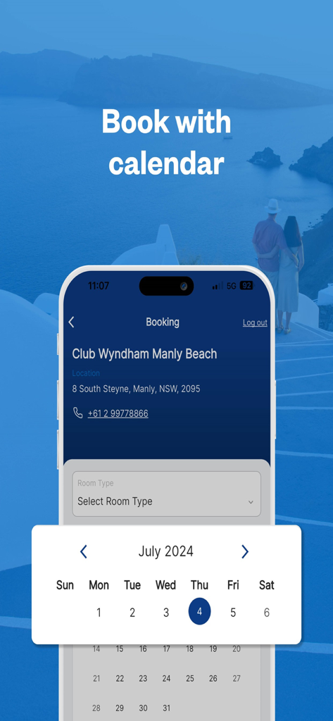 Captura de pantalla de la aplicación Club Wyndham South Pacific mostrando la interfaz de reserva con una vista de calendario para seleccionar fechas