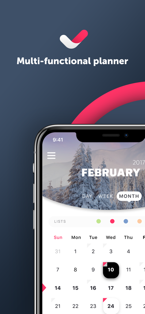 Planner iPlan - todo,diary - Monthly calendar view of the iPlan multi-functional planner app on an iPhone.