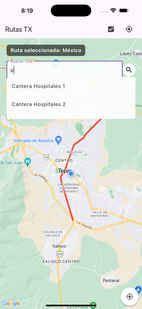 RTX - La interfaz de la aplicación RTX que muestra una ruta de tránsito roja en un mapa de Tepic con sugerencias de búsqueda de líneas de autobús.