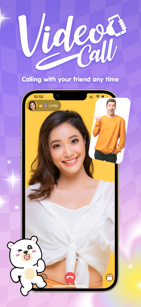 Callplay - Live & Video Call - A mobile phone displaying a one on one video call between two users on the Callplay app with a purple background