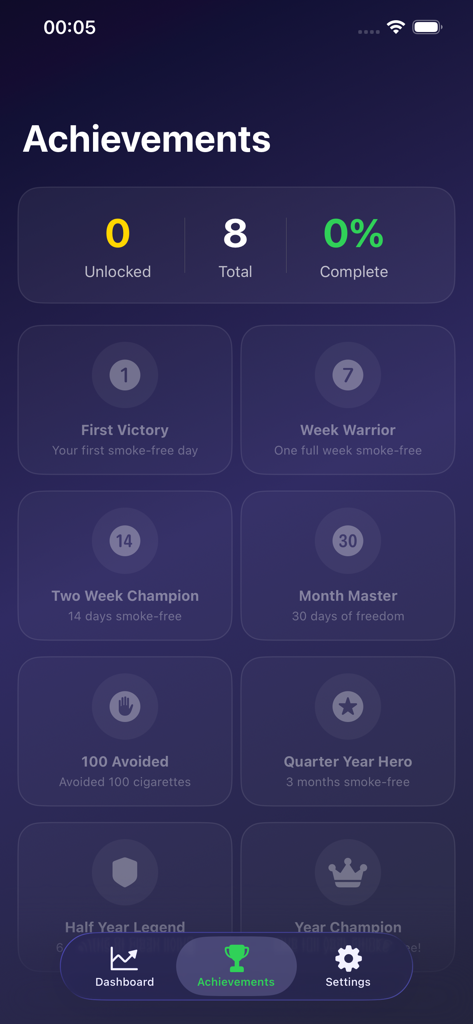 Quit Smoky: Stop Smoking - Quit Smoky app achievements screen showing smoke free milestone badges and progress tracking