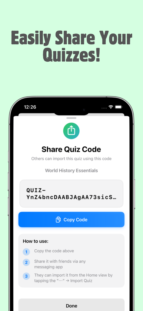 AI Quiz Maker - Test Generator - Interfaccia dell'app Quizy che mostra un codice quiz univoco e istruzioni di condivisione per studenti e insegnanti.