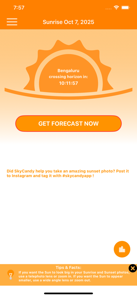 SkyCandy - Sunset Forecast App - The SkyCandy app interface showing a countdown timer for sunrise and photography tips.