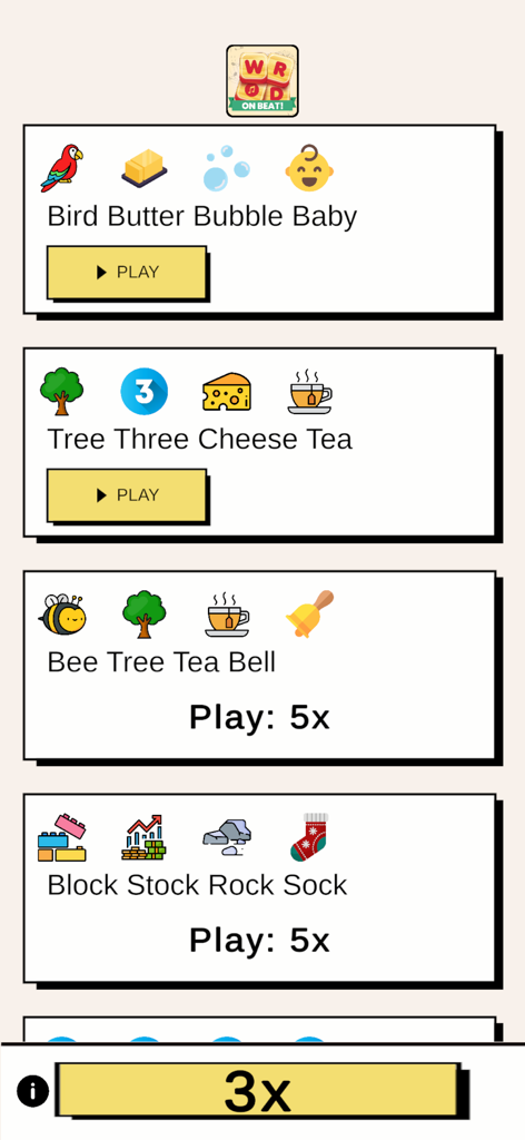 Word On Beat! - Interface of Word On Beat app showing different word rhythm challenges and tongue twisters