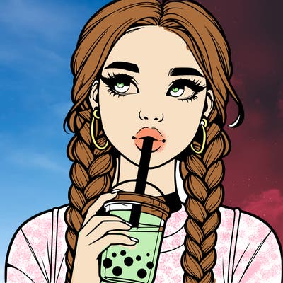realistic girl with braided hair drinking boba