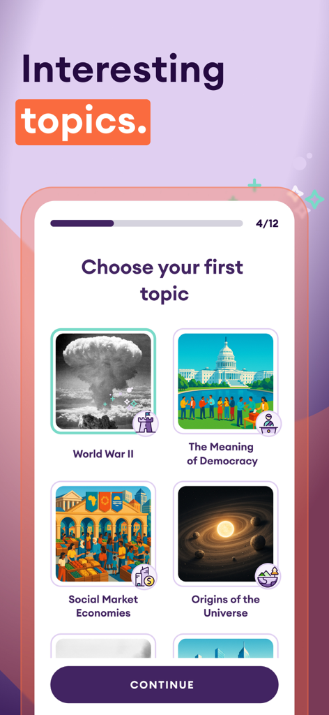 Interfaz de la aplicación Yuno que muestra una lista de temas educativos interesantes como la Segunda Guerra Mundial y el Significado de la Democracia.