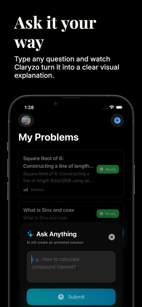 Claryzo: Ask, Play, Learn (AI) - Claryzo mobile app interface featuring the Ask AI tool to create custom visual explanations for students.