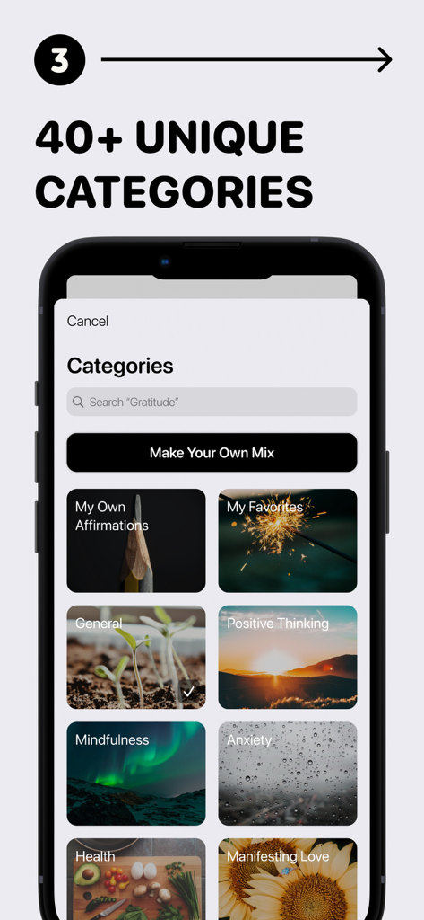 Affirmations for You - Schermo dello smartphone che mostra oltre quaranta categorie uniche di affermazioni tra cui mindfulness e manifestazione dell'amore.