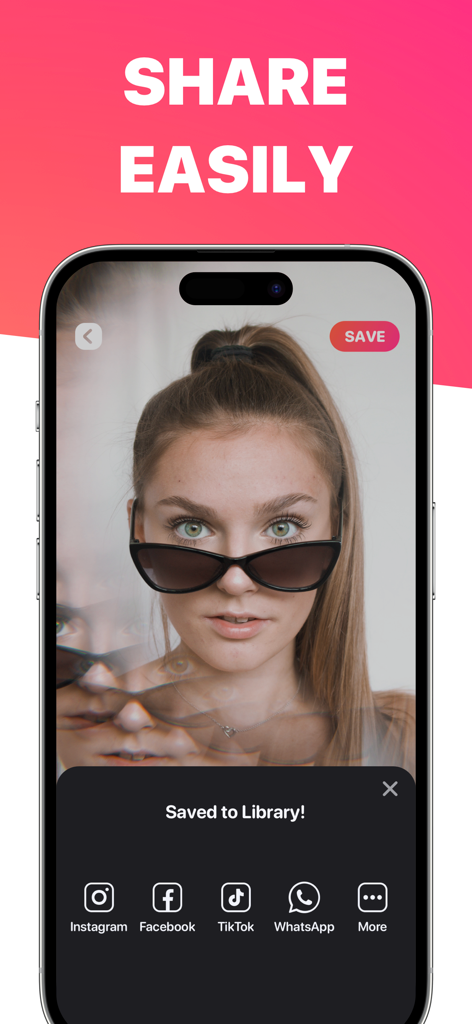 Reel Maker - A smartphone showing the Reel Maker app's share screen with icons for Instagram, Facebook, TikTok, and WhatsApp