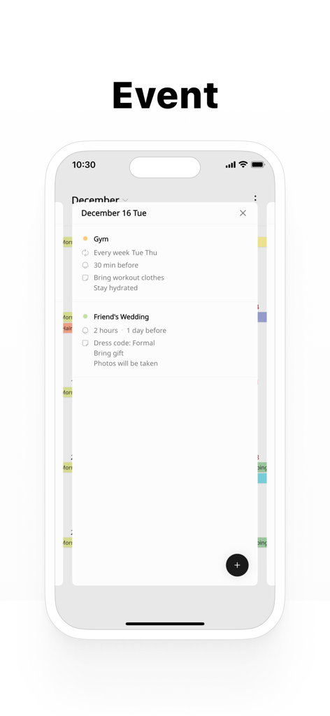 Uma interface limpa mostrando eventos diários específicos no aplicativo Simple Calendar.