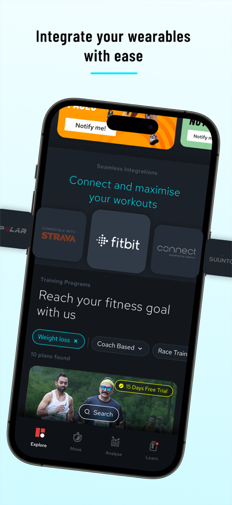 Fitpage - Fitpage app screen showing wearable device integrations and personalized fitness training programs