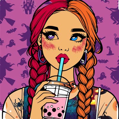 realistic girl with braided hair drinking boba