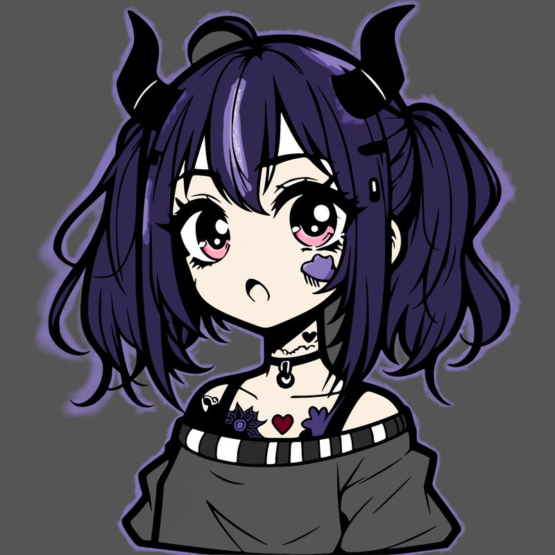 a cute teenage anime girl with a tattoo and horns