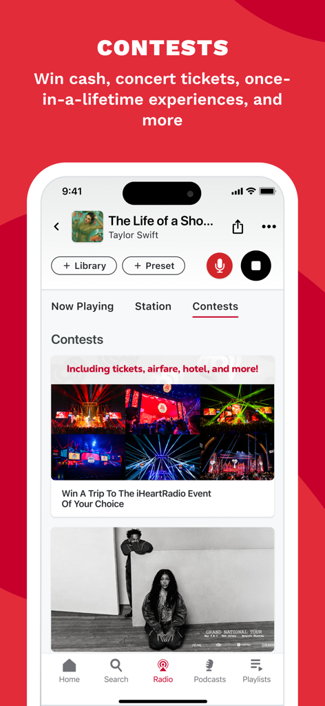 The iHeartRadio app contests section showing options to win concert tickets and events