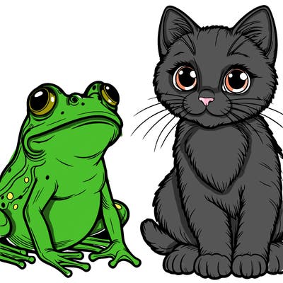 realistic cat nexts to a frog