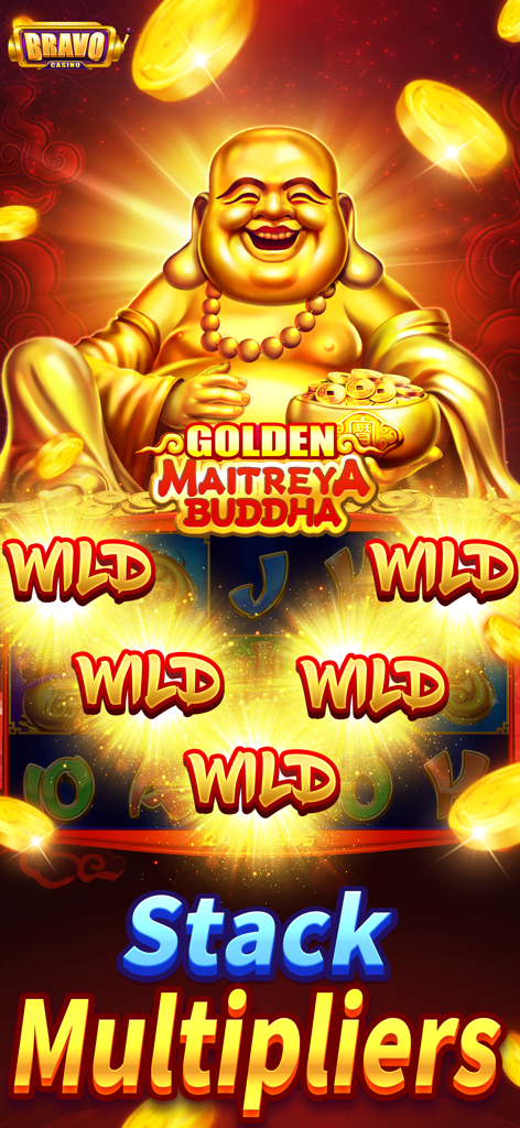 Bravo Casino-Slots Games - Gameplay della slot machine Golden Maitreya Buddha che mostra moltiplicatori stack e simboli jolly in Bravo Casino