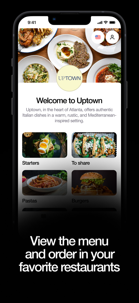 sunday - Pay in restaurants - Interface of Sunday app displaying the digital menu for Uptown restaurant with food categories like starters and pastas.