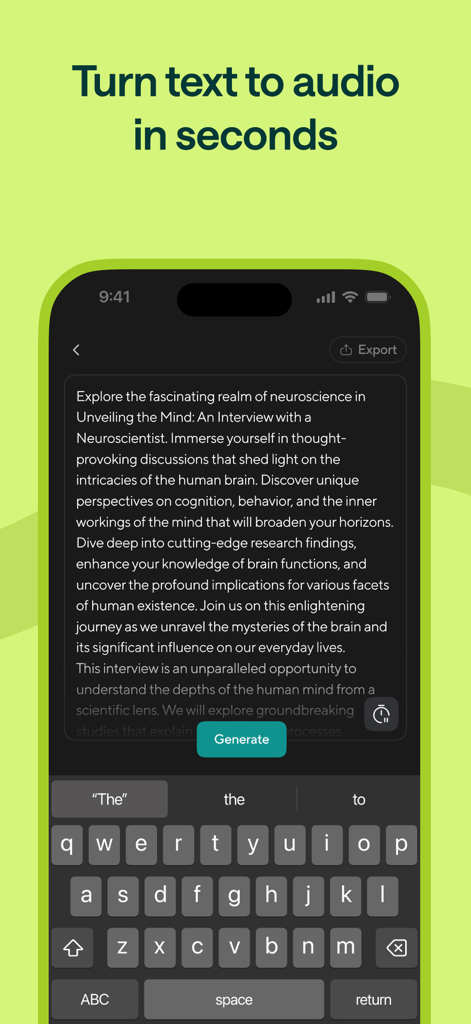 Podcastle: Podcast Recordings - Smartphone screen showing the Podcastle app interface for converting text into audio with a generate button