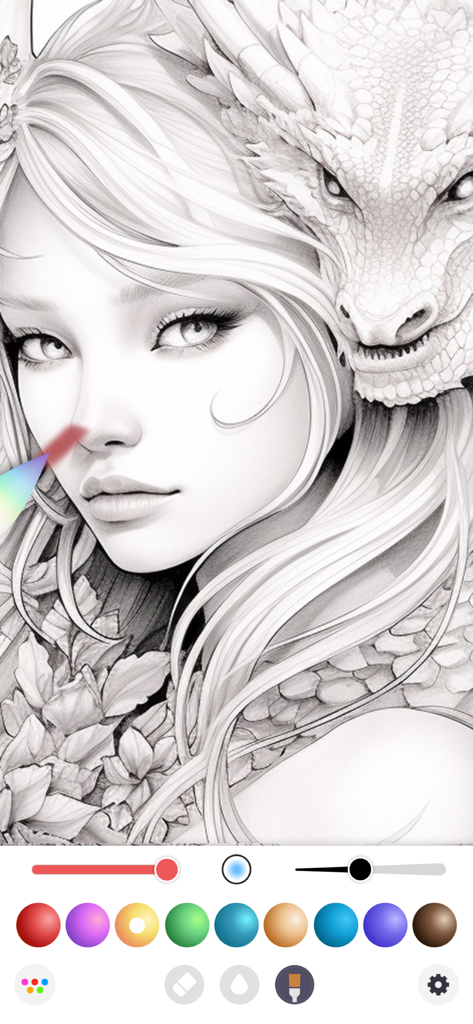 InColor: Coloring & Drawing - Page de coloriage numérique présentant une fille et un dragon détaillés avec une palette de couleurs en dessous