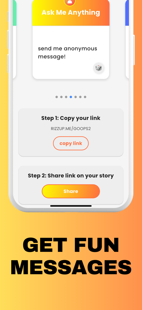 Rizz Up app interface for Ask Me Anything feature showing steps to share a link for anonymous messages on social media