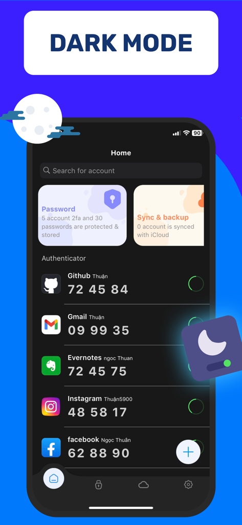 Authenticator App 2FA - Interface de l'application Authenticator 2FA en mode sombre affichant les codes de sécurité pour divers comptes comme GitHub et Gmail