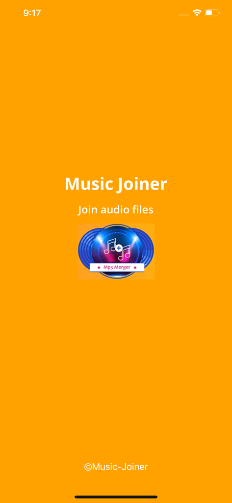 Music Joiner - Merge Audio - Launch screen of Music Joiner app with an orange background and an icon for joining audio files