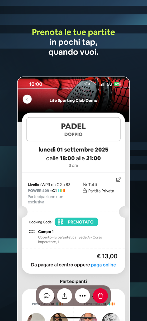 Wansport app interface showing a confirmed padel doubles match booking with time court and price details