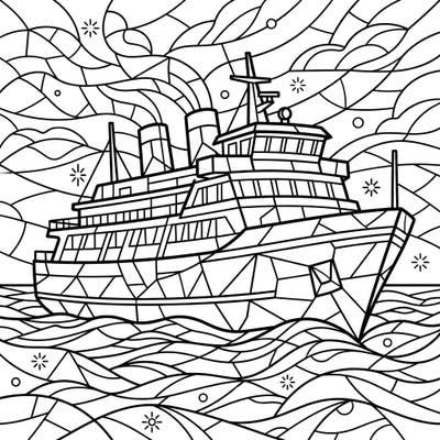Set sail on a creative journey with this captivating Stained Glass Ferry coloring page. Its intricate geometric design transforms a classic boat into a beautiful work of art, ready for your vibrant colors.