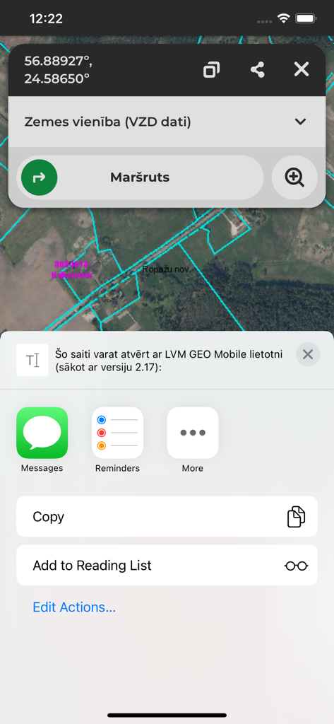 LVM GEO Mobile - LVM GEO Mobile app showing GPS coordinates and land parcel information on a map.