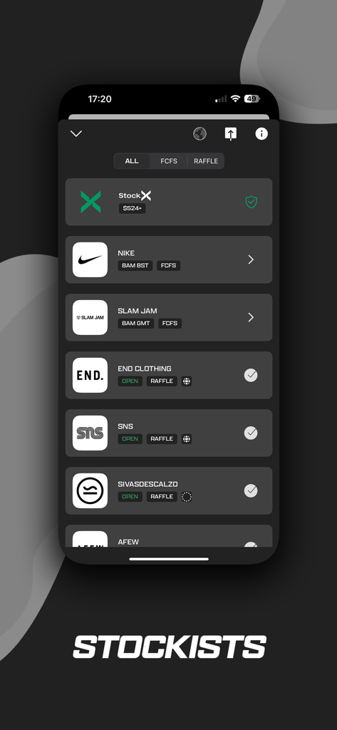Screenshot der Droplist App, die eine Liste von Sneaker-Stockisten mit Raffle- und FCFS-Status anzeigt