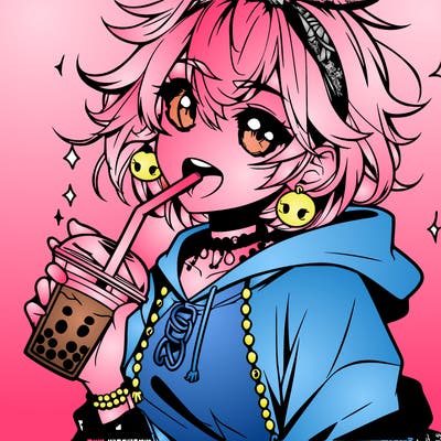 hot baddie anime girl drinking boba and biting the straw