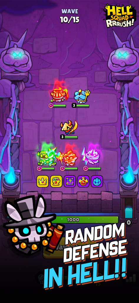 Hellsquad Rrrush gameplay screenshot showing a random strategy defense battle with cute demon characters in hell