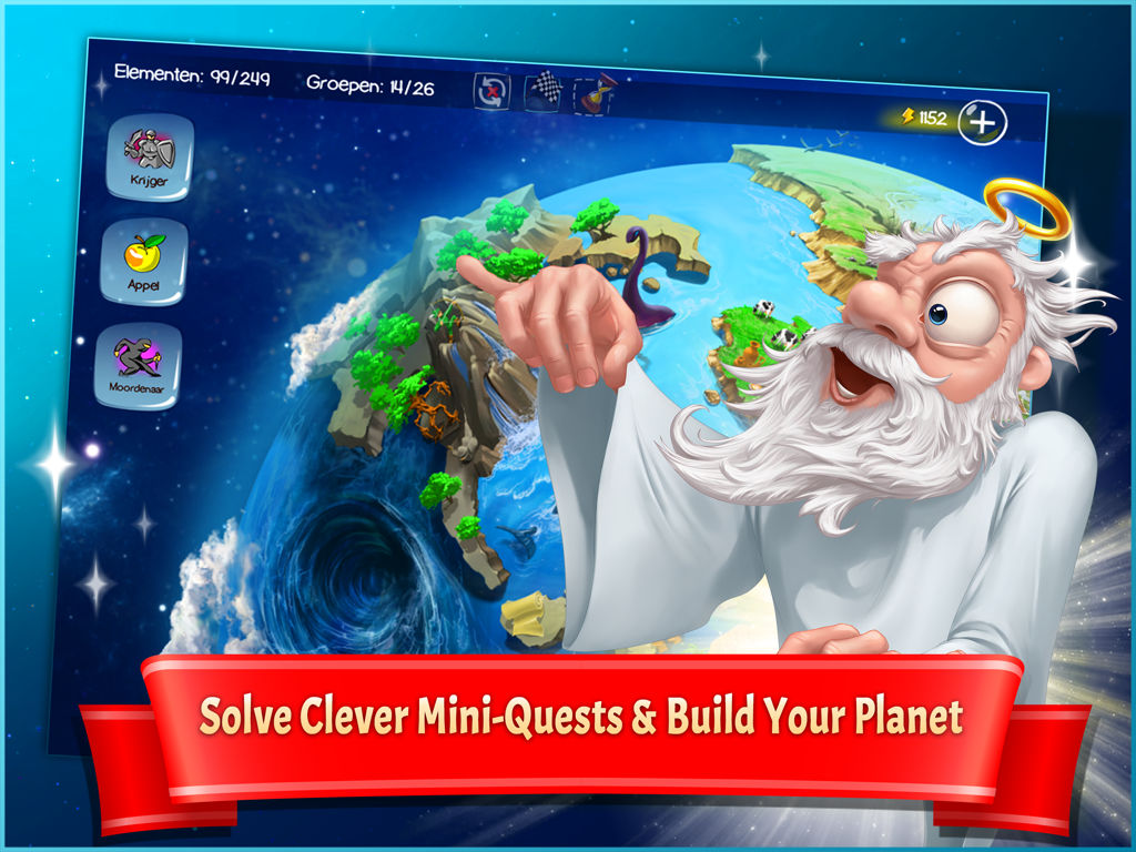 Doodle God™ HD - A cartoon God character pointing at a developing planet in Doodle God HD gameplay